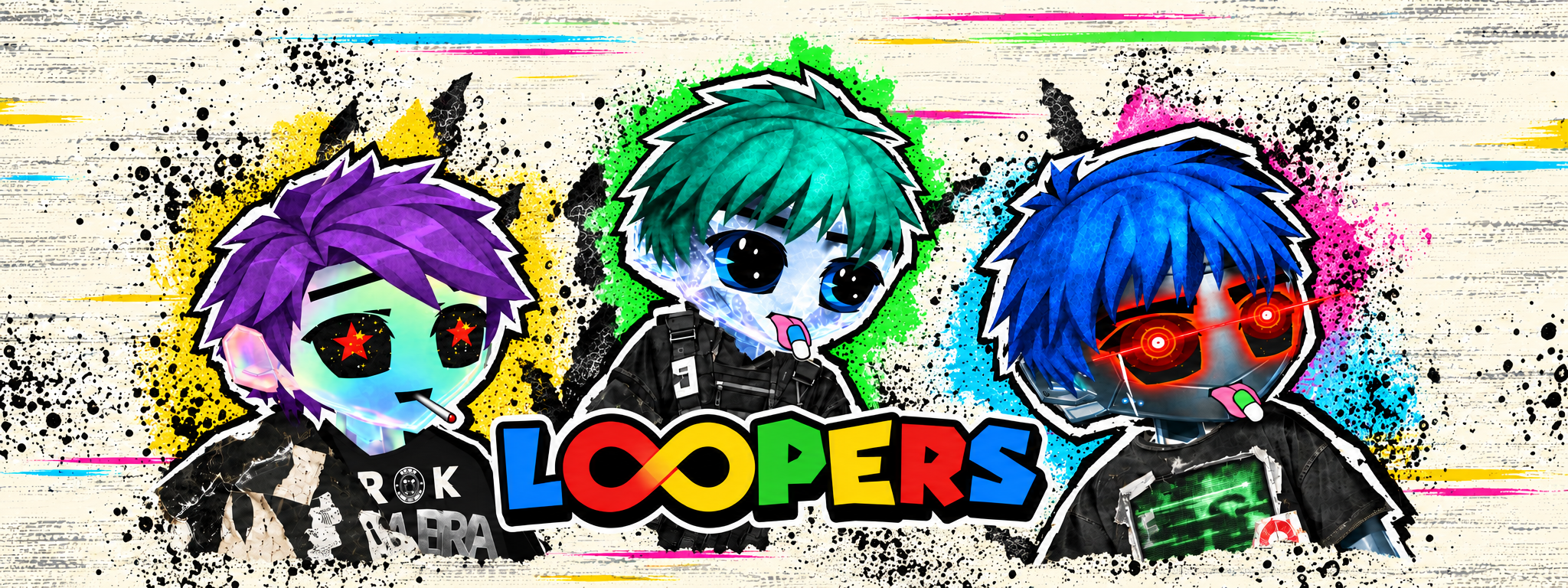 Three Loopers framing the colorful Loopers wordmark